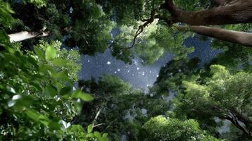 A forest with trees and stars in the sky photo