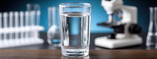 A glass of water with a microscope in the background photo