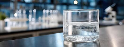 A glass of water sitting on a table in a laboratory photo