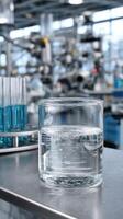 A glass of water sits on a table in a laboratory photo