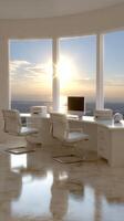 A white office with a view of the ocean photo
