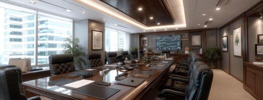 A conference room with a large desk and chairs photo