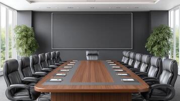 A conference room with a large board on the wall photo