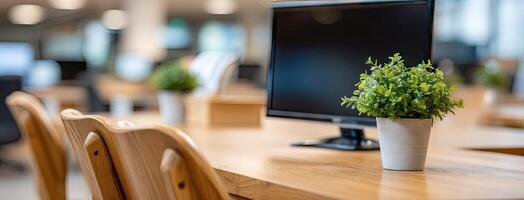 A computer monitor and a plant in a vase on a desk photo