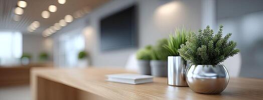 A wooden table with plants in vases photo