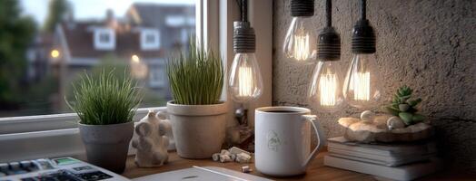 A desk with a laptop, coffee mug, and plants photo