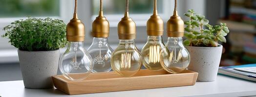 Five light bulbs are sitting on a wooden tray photo