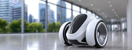 A futuristic robot is sitting on a floor photo