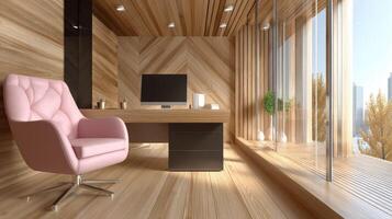 A modern office with a wooden floor and a pink chair photo