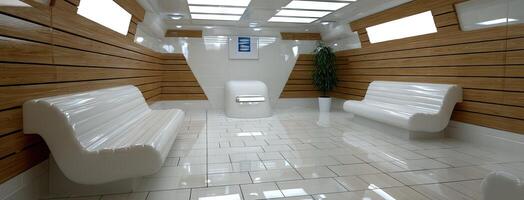 A bathroom with white benches and a toilet photo