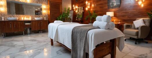A spa room with a massage table and candles photo