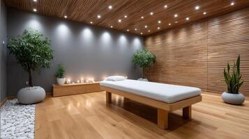 A massage room with a bed and potted plants photo