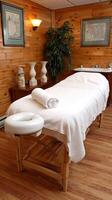 A massage table in a room with wood paneling photo