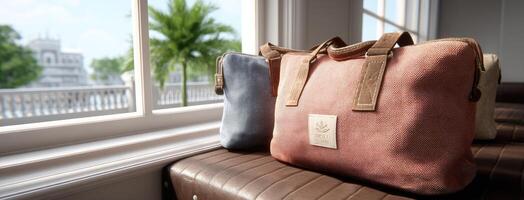 Two bags sitting on a window sill with a view of the city photo