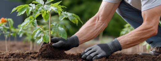 A man is planting a tree in the ground photo