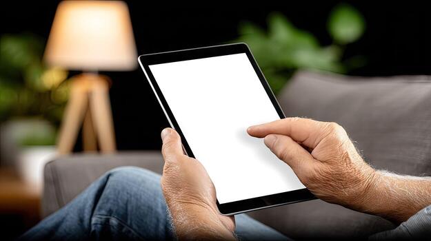 A man holding a tablet computer with a blank screen photo