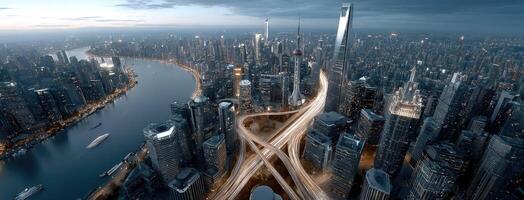 An aerial view of a city with a highway and a river photo
