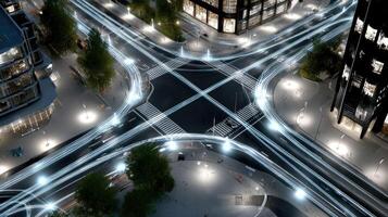 An aerial view of a city intersection at night photo