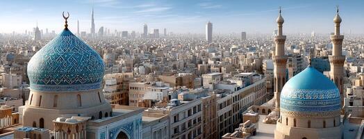 A large city with many blue domes and tall buildings photo