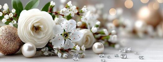 A white flower arrangement with pearls and diamonds photo