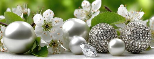 Easter eggs, flowers and pearls on a table photo