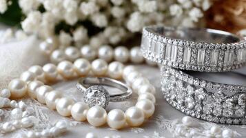 A close up of a diamond ring, pearl necklace and a diamond ring photo