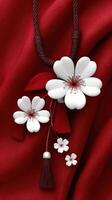 A necklace with white flowers and red tassels photo