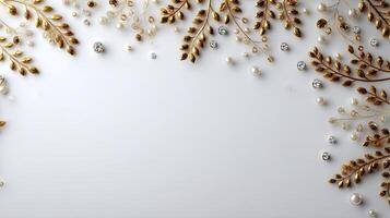 Golden leaves and pearls on white background photo
