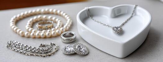A heart shaped jewelry box with a necklace, bracelet and pearls photo