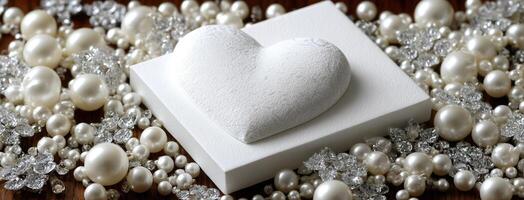 A white heart shaped box surrounded by pearls photo
