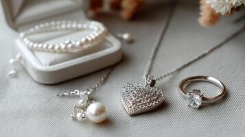 A white box with a heart shaped pendant, a ring and a bracelet photo