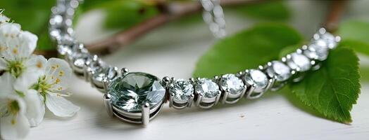 A green diamond necklace with a white flower photo