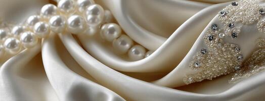 A close up of a white satin with pearls photo