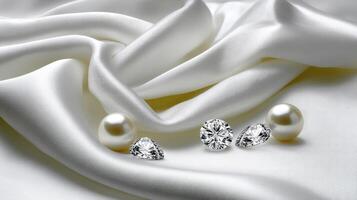Three diamond stud earrings and pearls on a white satin photo