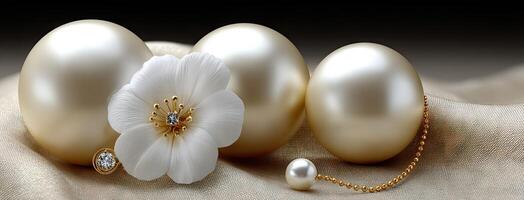 Three white pearls and a flower are on a cloth photo