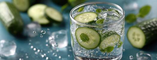 A glass of water with cucumber slices and mint leaves photo