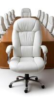 A white leather office chair in front of a conference table photo