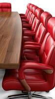 A conference table with red leather chairs photo