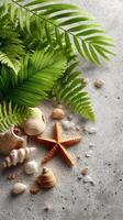 A starfish, shells and palm leaves on a concrete surface photo