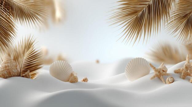 3d rendering of palm trees and shells on a white background photo
