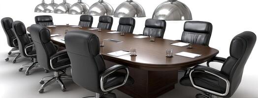 A conference table with black chairs and lamps photo