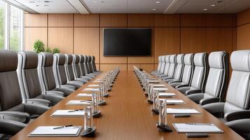 A conference room with a long table and chairs photo