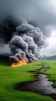 A large fire is burning in the middle of a field photo
