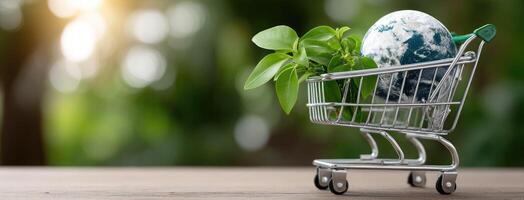 Earth in shopping cart with plants on wooden table photo