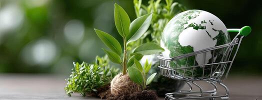 Eco-friendly shopping cart with plants and earth photo