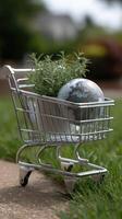 A shopping cart with a globe and plants photo
