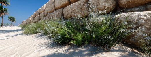 A desert scene with palm trees and plants photo