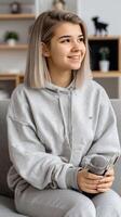 A girl in a grey sweatshirt sitting on a couch photo