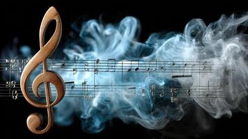 Music notes and treble clef on black background photo