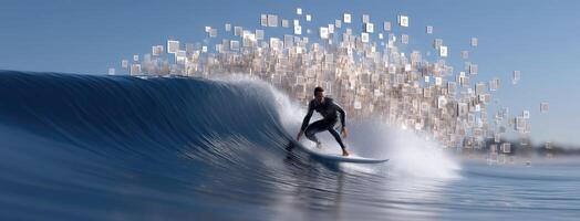 A man riding a wave on a surfboard with a bunch of money flying out of the water photo